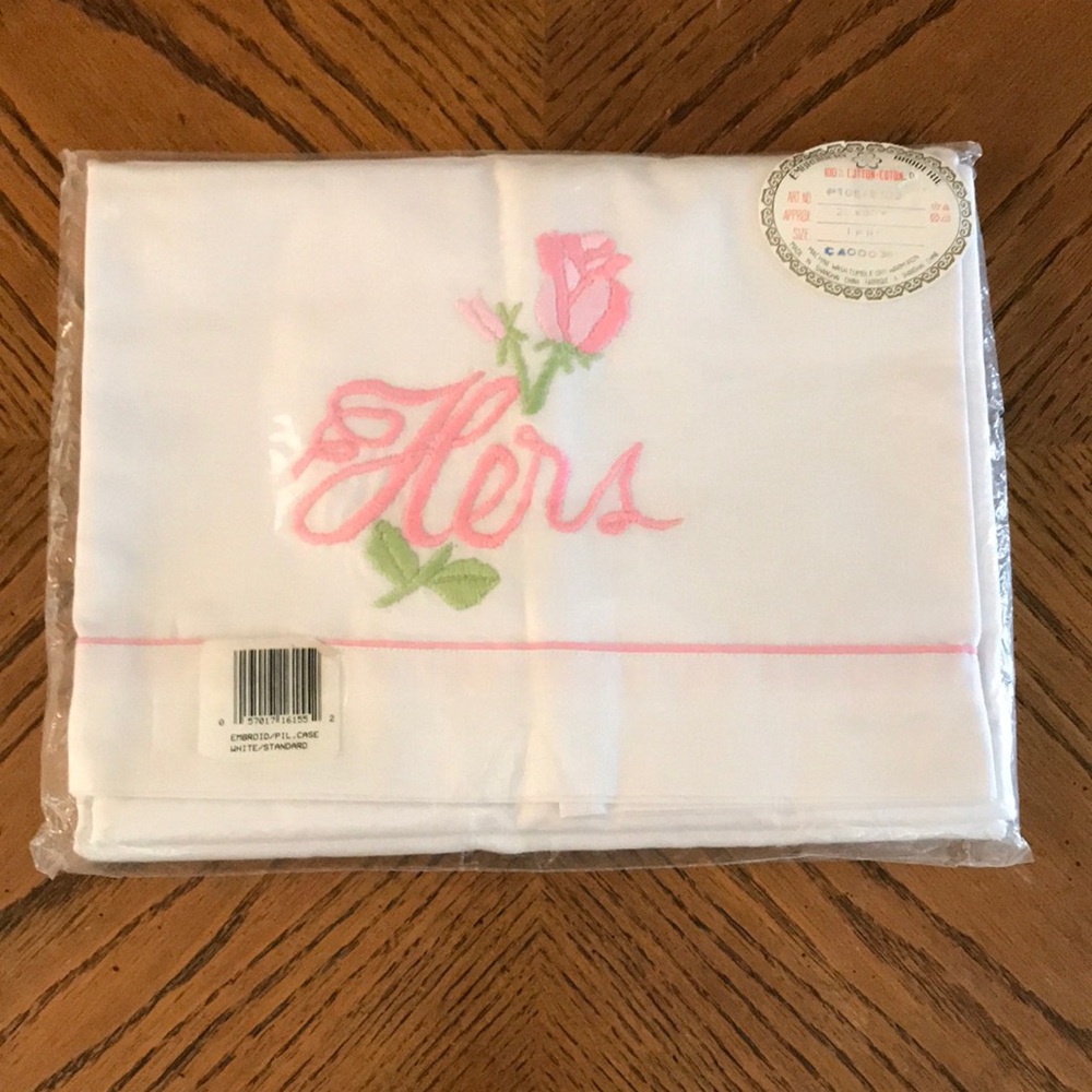 NEW Old Stock Vintage Set Embroidered Pillowcases Pink & Blue His & Hers